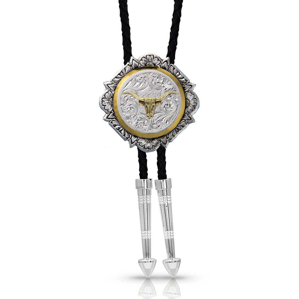 Montana Silver and Gold Engraved Button Bolo Tie BT366-384S